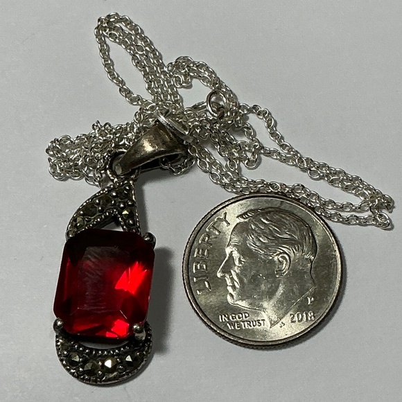 Sterling Silver Necklace with a Red Stone and Marcasite. 19.25 inches long - Picture 6 of 8